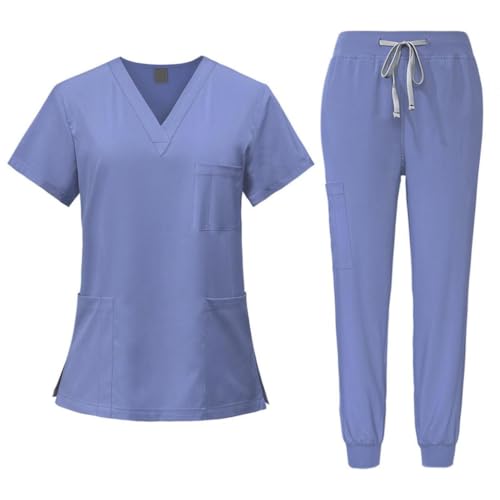 Harilla Peeling-Set für Frauen, Krankenschwester-Arbeitskleidung -Ausschnitt, professionelles maschinenwaschbares Oberteil und Jogginghose, Hellblau, XL