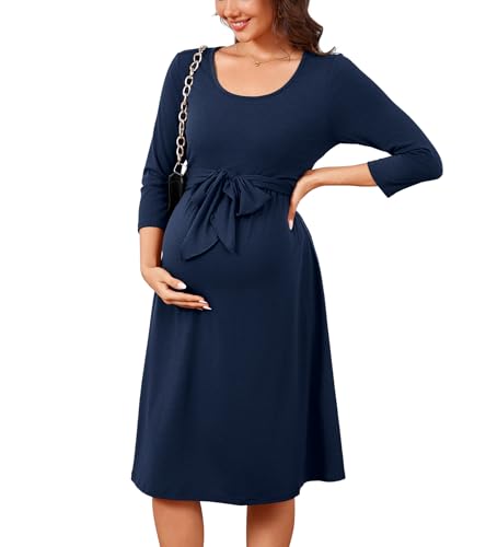 YesFashion Damen Umstandskleid Herbst 3/4 Ärmel Rundhalsausschnitt Schwangerschaftskleid mit Gürtel Elegant Stillkleid Leichte Umstandsmode (Marineblau,M)