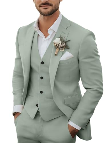 3-teiliges Herren-Anzug-Set aus Leinen, lässig, leicht, Blazer, Jacken, Westen, Hosen, Set für Hochzeit, Business, Abschlussball, Anzug, Hellgrün, S
