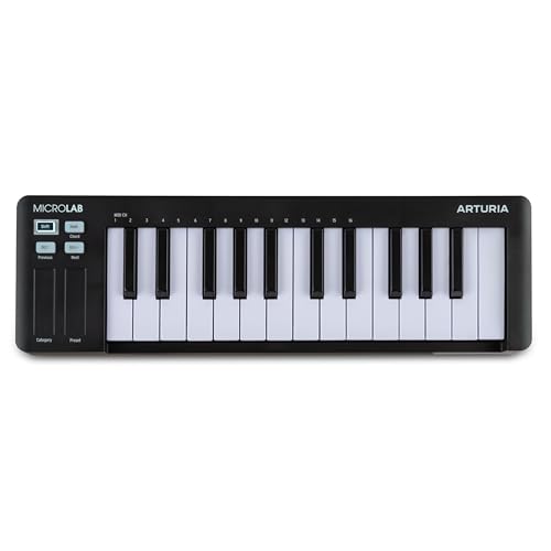 Arturia MicroLab mk3 – kompaktes, anschlagsdynamisches MIDI-Controller-Keyboard mit 25 Tasten, Dual Touch Strips, Akkordmodus, Sustain-Pedal-Input – Schwarz