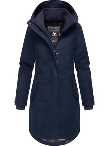 Ragwear Damen atmungsaktiver langer Wintermantel in Wollmantel-Optik warme Winterjacke Jannisa Coat YOUMODO Navy Gr. M