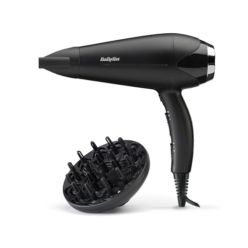 BaByliss Haartrockner Turbo Smooth – 2200 W leistungsstarker Föhn, großer Diffusor, Ionen-Technologie mit Anti-Frizz, 3 Temperatureinstellungen & 2 Geschwindigkeitsstufen, Schwarz, D572DE