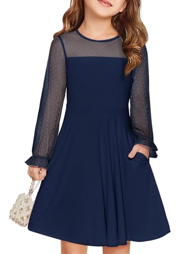 Haloumoning Kleider Mädchen Festliches Prinzessin Kleid Kinder Kontrast Mesh Langarm Puff Sommerkleider Elegant A-Linie Rundhals Partykleid mit Taschen, Marineblau, 11-12 Jahre