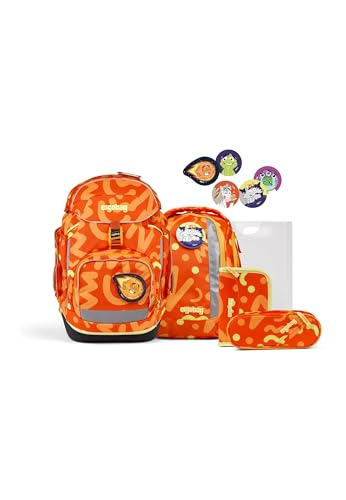 ergobag pack Set ergonomischer Schulrucksack, Schulranzen, Vorgänger-Kollektion, flexibel 6-teilig Grundschule WunBärvoll - Orange