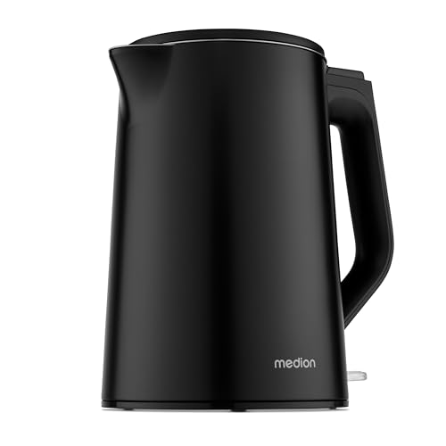 MEDION Wasserkocher Edelstahl (1,5 Liter, 2.200 Watt, 360° Basis, Warmhaltefunktion, LED Betriebsanzeige, Doppelwandiges Edelstahlgehäuse, MD12105) schwarz