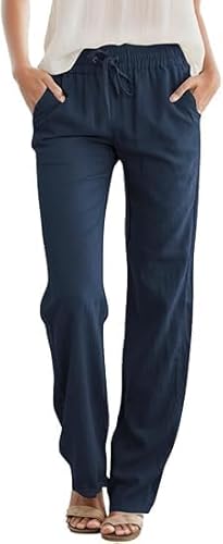 Friptspyg Palazzo Hosen Lässige Hosen Damen Sommer Elastische Bund Freizeithosen mit Taschen,Dunkelblau L