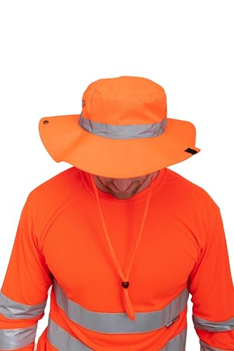 Mivaro Warnschutz Safari Hut Orange mit Reflexstreifen und verstellbarem Schirm - Sicherheits Kopfbedeckung für Jagd BAU Forst Outdoor - Unisex Sonnenschutz Hut mit Kinnband One Size