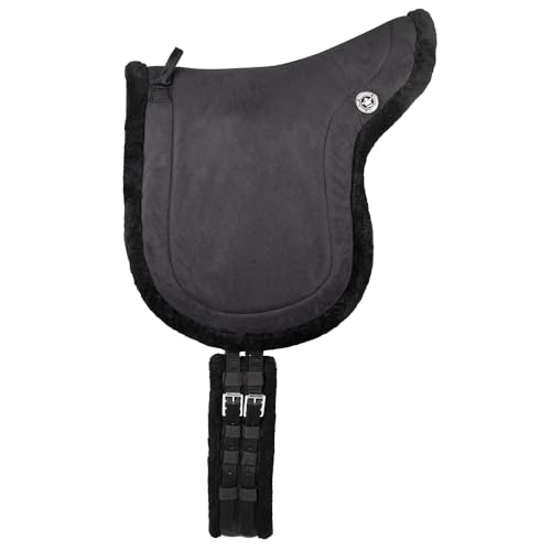 PFIFF 103004 Reitpad, Bareback Pad, baumloses Reitkissen aus Velour-Kunstleder und Kunstfell, Sattelkissen inkl. Sattelgurt, Schwarz, Shetty