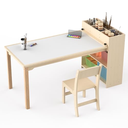 Puecrof Kinderschreibtisch mit Stuhl aus Birkenholz – Kreativtisch mit Stauraum für Kinder zum Malen, Basteln und Spielen