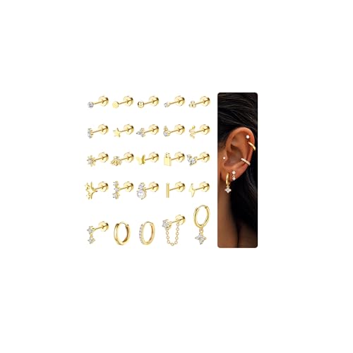 CASSIECA 25Pcs Helix Piercings Chirurgenstahl Medizinische Ohrringe für Damen,14K Vergoldet Ohrstecker Set,Klein Ohrringe Creolen Gold,Conch Tragus Piercing Ohr Schmuck für Mehrere Ohrlöcher