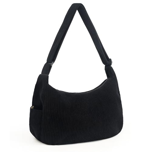 YMIFEEY Cord Tasche Damen Schwarz, Tote Bag Groß Shopper mit Reißverschluss, Damen Umhängetasche Uni Tasche Handtasche Schultertasche Cordtaschen für Alltag Schule Arbeit Einkaufen Reisen (Schwarz)