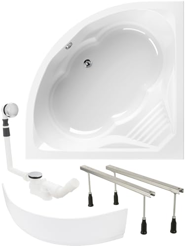 Calmwaters® Eckbadewanne Komplettset 150x150 cm Curved Wellness, Made in EU, 4in1 Acryl-Wanne mit Schürze, Wannenfüßen & Ablaufgarnitur, Duowanne mit integriertem Sitz, Eckwanne 150 x 150, Weiß