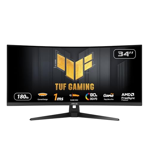 ASUS TUF Gaming VG34VQL3B 34 Zoll Curved Gaming Monitor (WQHD (3440 x 1440), 180Hz, 1500R, Curved Design, Extreme Low Motion Blur, Freesync Premium, 1ms MPRT, 90% DCI-P3, DisplayWidget Center)