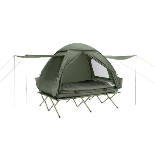 SoBuy Feldbett mit Zelt 2 Personen 7in1 Wurfzelt mit Luftpumpe, Rolltasche, Schlafsack, Vorzelt Wasserdichtes Campingbett Outdoor Campingliege Familienzelt Grün 193x188x145cm bis 180 kg OGS32-L-GR
