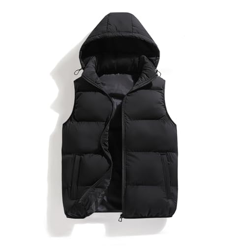 hathne Herren Winter Puffer Weste Ärmellos Warm Reißverschluss Leichte Jacke Weste mit abnehmbarer Kapuze, Schwarz, XL