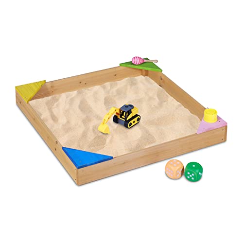 Relaxdays Sandkasten, 4 Bunte Ecksitze, Sandkasten-Bausatz, Tannenholz, Sandkiste, Natur, 12 x 90 x 90 cm