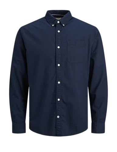 JACK&JONES Hemd Slim Fit Business Shirt mit Brusttasche Weiches Langarm Twill Oberteil JJEOXFORD, Größe Hemd:XL,Farben:Navy