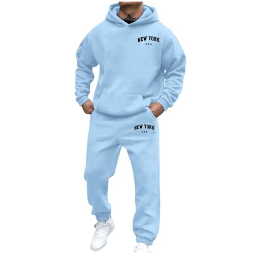 Trainingsanzug Baumwolle Herren, Jogginganzug Herren Baggy Freizeitanzug Sportbekleidung 2 Piece Y2K Laufanzug Zweiteiler Outfit Mit Taschen Trainingsanzug Tracksuit Einfarbig Hausanzug Hellblau M