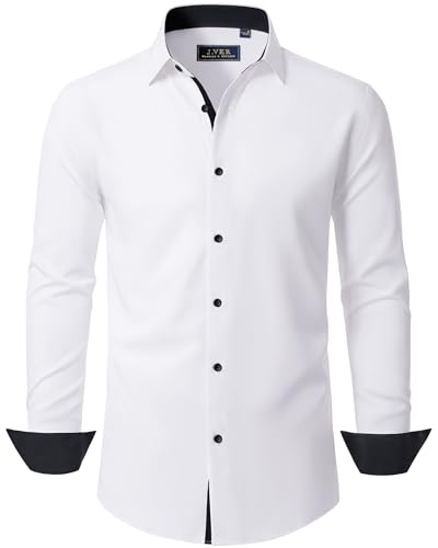 J.VER Hemd Herren Knitterfreie Stretch Freizeithemden Langarm Hemden Bügelfrei Regular Fit Hochzeit Party Büro Dating Shirts,Alle Weiß,XL