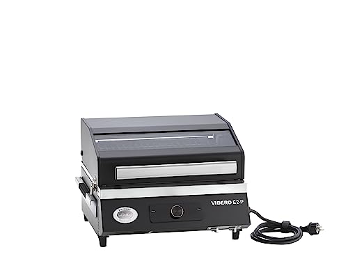 RÖSLE Elektrogrill BBQ-Portable Videro E2-P, tragbarer Tischgrill mit 2 Brennern, Warmhalterost und Deckel mit Glaseinsatz, pulverbeschichteter Stahl, schwarz/silbern