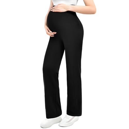 Walifrey Umstandshose Damen Weitem Bein mit Taschen, Schwangerschaft Umstandsmode Lässig Lose Gerade Bein Hosen Schwarz L