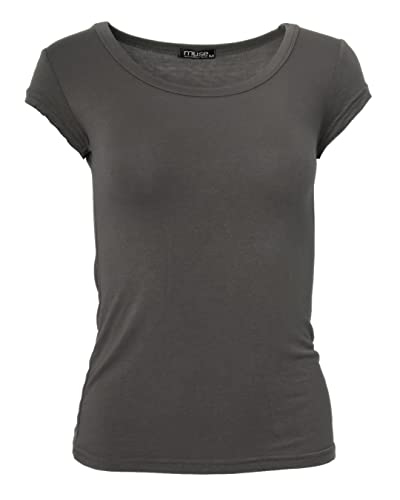 Easy Young Fashion - Damen Basic Rundhals T-Shirt - Kurzarm Unterziehshirt Skinny Fit 1001 - Espresso Braun L
