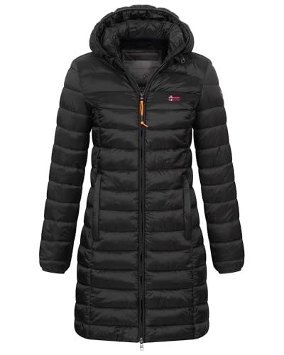 Geographical Norway Damen Winter Jacke Steppjacke Parka Lange Kapuzenjacke Steppmantel Outdoor abnehmbare Kapuze, Farbe:Schwarz, Größe:M (38)