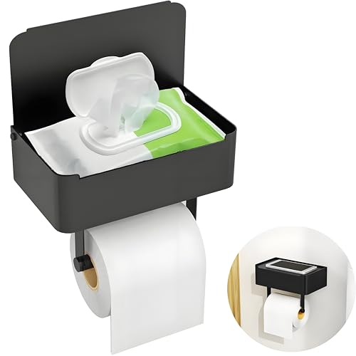 Toilettenpapierhalter mit Feuchttücherbox, Gypie Toilettenpapierhalter Ohne Bohren, Klopapierhalter Schwarz, 304 Edelstahl Klorollenhalter, Wc Papier Halterung für Badezimmer, Selbstklebend or Bohren