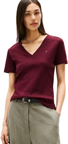 Tommy Hilfiger Damen T-Shirt Kurzarm New Slim Cody mit V-Ausschnitt, Rot (Deep Burgundy), S