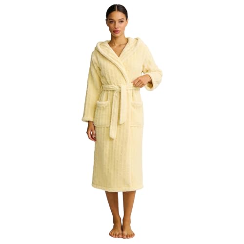 HEARTNICE Flauschiger Bademantel Damen lang Plüsch Bademantel Damen Kapuze leicht Morgenmantel kuschelig Hausmantel (Hellgelb, S/M)