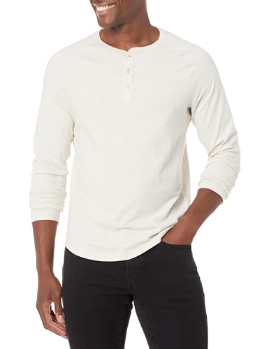 Amazon Essentials Herren Langärmeliges Henley-Shirt, Schmale Passform, Haferbeige Meliert, M