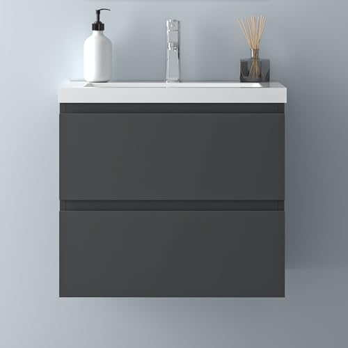 Biubiubath Badezimmermöbel 60cm Mineralguss Waschtisch mit Unterschrank Badmöbel Set Badezimmerschränke mit 2 Soft-Close Schubladen Dunkelgrau Matt