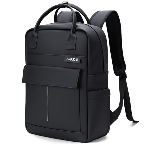 Lekespring Rucksack Wasserdicht Damen Herren, 15,6 Zoll Leder Laptop Schulrucksack mit Laptopfach, Groß Reiserucksack Arbeitstasche, Minimalistischer Backpack Women Elegant für Reise Uni Büro-Schwarz