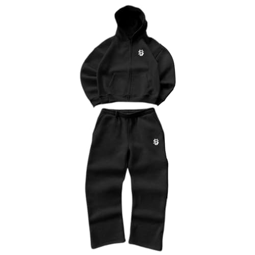 Generisch Trainingsanzug Herren Set Jogginganzug Y2K Einfarbig Casual Hoodie Freizeitanzug Reißverschluss Tracksuit Sportanzug mit Kapuze und Taschen Streetwear Sportbekleidung Hausanzug