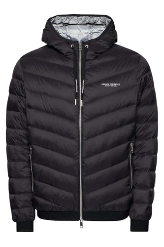 Armani Exchange A|X ARMANI EXCHANGE Herren Steppjacke mit Kapuze und Reißverschluss, Milano/New York Logo Jacke, Schwarz/Melange Grau B, X-Large