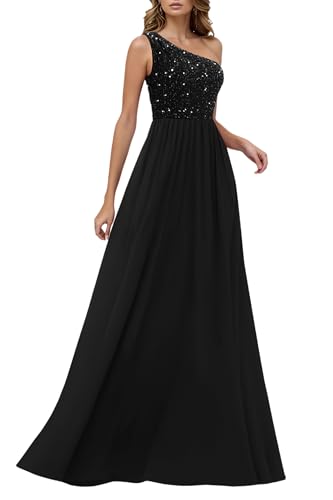 HOMEYEE Damen Elegant Pailletten Mesh Eine Schulter Glitzer Ballkleid Sexy Rückenfrei Abendkleider A-Linie Hochzeitskleid A503 (L, Schwarz)