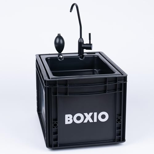 BOXIO - WASH: Mobiles 40x30 Spülbecken, Camping Waschbecken mit Pumpe ohne Strom, Camping Zubehör in Eurobox für den Van Ausbau, Friseur oder outdoor auf Festival & Garten, Spüle als Camping Gadgets