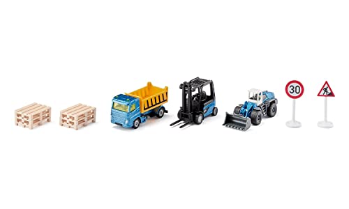 siku 6336, Geschenkset Baustelle, inkl. LKW, Gabelstapler, Radlader, 6 Paletten, 2 Verkehrsschilder, Metall/Kunststoff, Gelb/Blau, Bewegliche Teile