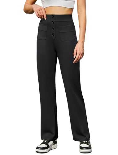 Friptspyg Hosen Damen Hohe Taille Freizeithose Stretch Hose mit Knopf Gerade Yogahose mit Taschen Elastische Hose Damen Weites Bein für Bewegung und Freizeit, Schwarz M