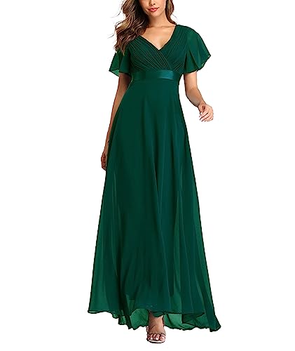 ECDAHICC Damen Abendkleider Gürtel V-Ausschnitt Hohe Taille A-Linie Chiffon Brautjungfernkleid Elegant Lang Ballkleid(GR,XL)