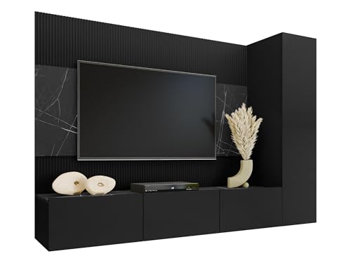 Mirjan24 Wohnwand Deromi VI, Anbauwand mit Wandpaneele und TV-Lowboard, Akustikplatten, Fernsehschrank, Schrankwand, Mediawand, Hängeschrank (Schwarz + Schwarz Marmor)