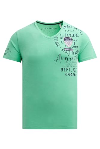 Camp David Herren T-Shirt V-Neck mit Used Prints und Patches Flight Green, XL