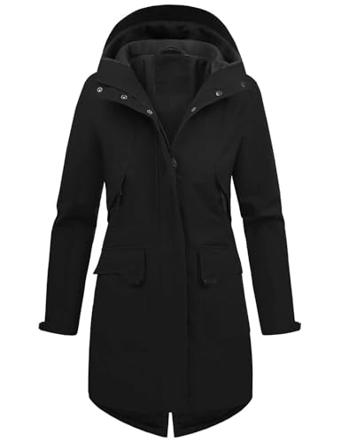 Tuopuda Damen Übergangsjacke Leichte Parka mit Kapuze Wasserdichte Langer Herbstjacke für Frauen Warm Fleece Frühlingsmantel Lange Windbreaker Praktische Jacke(Schwarz,L)