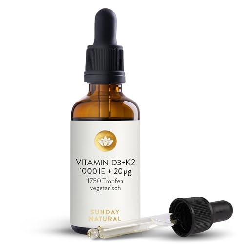 SUNDAY NATURAL® Vitamin D3 K2 Tropfen Hochdosiert – Premium K2-MK7 ≥99,8 % all-trans 20µg + Vitamin D 3 1.000 IE – 50 ml – Optimale Bioverfügbarkeit, ohne weitere Zusätze, laborgeprüft