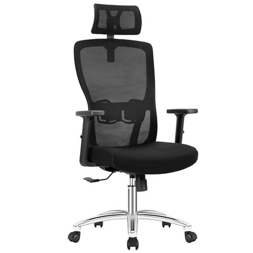 Durrafy Ergonomischer Bürostuhl, Schreibtischstuhl Höhenverstellbar, Drehstuhl mit Verstellbarer Lendenwirbelstütze und Kopfstütze, 90°-130°Liegefunktion, Bürostuhl bis 150 kg Belastbar, Schwarz