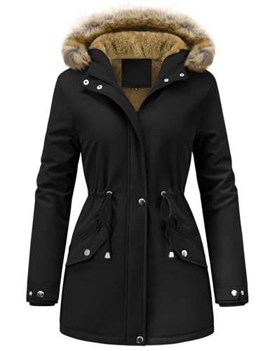 FemiChic Winterjacke Damen Lang Wintermantel Warm Mantel Parka Jacke Gefüttert Winter Grosse Grössen Winterparka Softshellmantel Wasserdicht Übergangsjacke Winterjacken Outdoor(Schwarz,M)