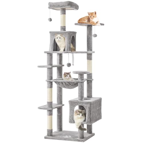 MSmask Kratzbaum groß, L Katzenbaum Stabil, Katzenkratzbaum mit 2 Plattformen, 2 Katzenhöhlen, Hängematte, Sisalsäulen, mehrstöckiger Kletterbaum für Katzen (Hellgrau, 173 cm)