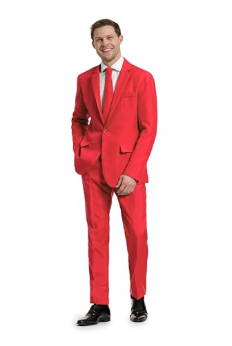 Offstream Plain Colored Suits for Men – Costumes Include Jacket Pants and Tie, L, Plain Red