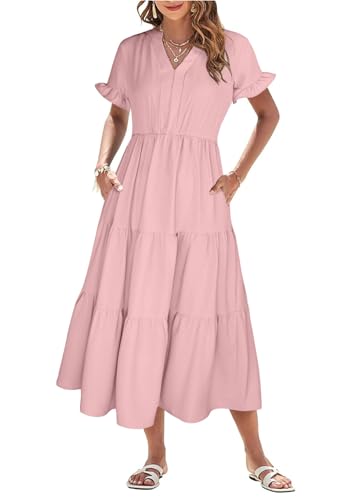 Theenkoln Kleid Damen Sommer Blusenkleid Elegant V-Ausschnitt Kurzarm Sommerkleid Lang Strandkleid Midikleid Freizeitkleider Rosa XL