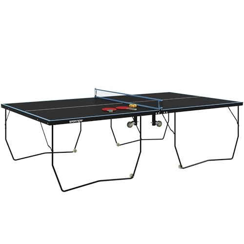 SPORTNOW Tischtennisplatte, Große Tischtennistsich mit klappbares Untergestell Netz, Rollen, 2 Tischtennisschlägern 3 Bällen, Schneller Aufbau, Stahl, Schwarz, 274 x 152,5 x 76 cm